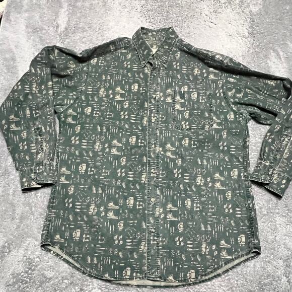 Vintage Woolrich Shirt Button Mens Large All Over Print Camping Hiking Green - Picture 1 of 7